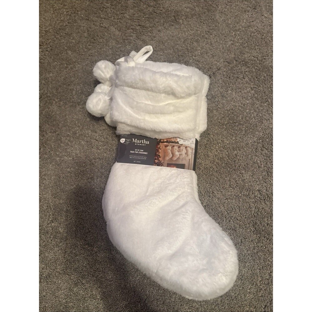 4 Martha Stewart Stockings FAUX FUR WHITE With POM POMS OEKO 22" luxury Soft